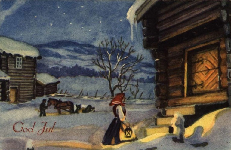 Deilig julestemning med hovedhus og stabbur. Foto: Norsk Folkmuseum