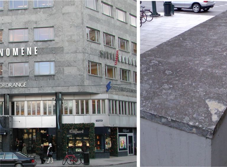 Til venstre: Et korallrev i byen, Stortingsgata 22 kledd fra tredje etasje og oppover med blokker av fossilrik kalkstein fra silurtiden. Steinen er brutt ved Porsgrunn, og hører til Oslofeltet. Vi finner mengder av koraller, sjøliljer og andre dyr som levde i havet for omkring 430 millioner år siden. Detaljbildet til høyre viser hvordan denne bergarten kan forvitre i bymiljø: En kalksteinsplate fra muren utenfor Stortingsgata 30. Foto: Tom Andersen