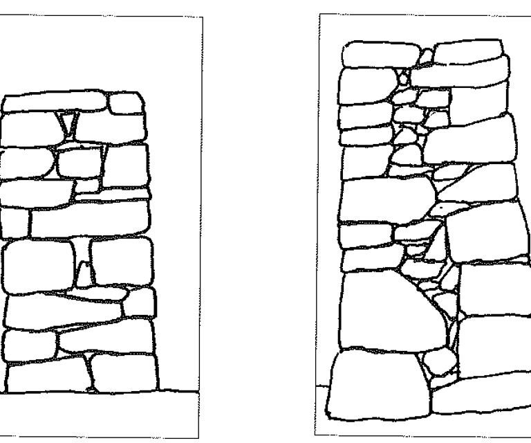 Skissene viser tverrsnitt på kistemurer med og uten stein som binder sammen ytre og indre vegg. Ill.: Ryfylkemuseet
