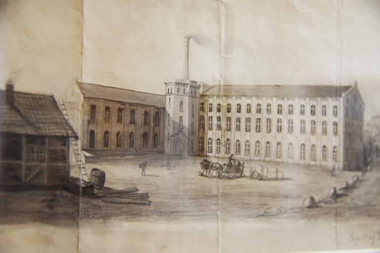 Christiania Seildugsfabrik.  Lavert blyanttegning av Dahler antatt fra ca. midten av 1800-tallet. Oslo Museum.