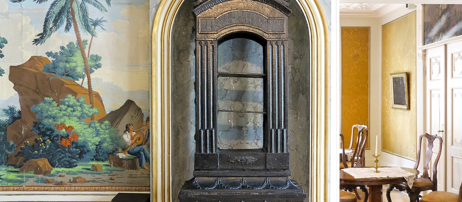 Denne vakre arkitektoniske empireovnen er merket BØV - altså Bærums Verk, samt årstallet 1816. Befinner seg på den kommunalt eide Leangen gård utenfor Trondheim.