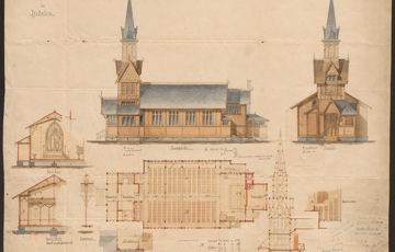 Skisse til kirke for Hedalen - Kirken ble aldri bygget. Illustrasjon: Henrik Thrap-Meyer/ Riksantikvaren
